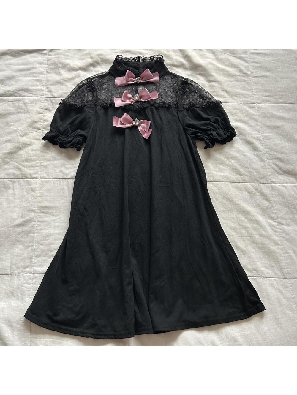 Ank Rouge Black Lace Midi Dress Pink Satin Bows Puff Sleeves High Neck